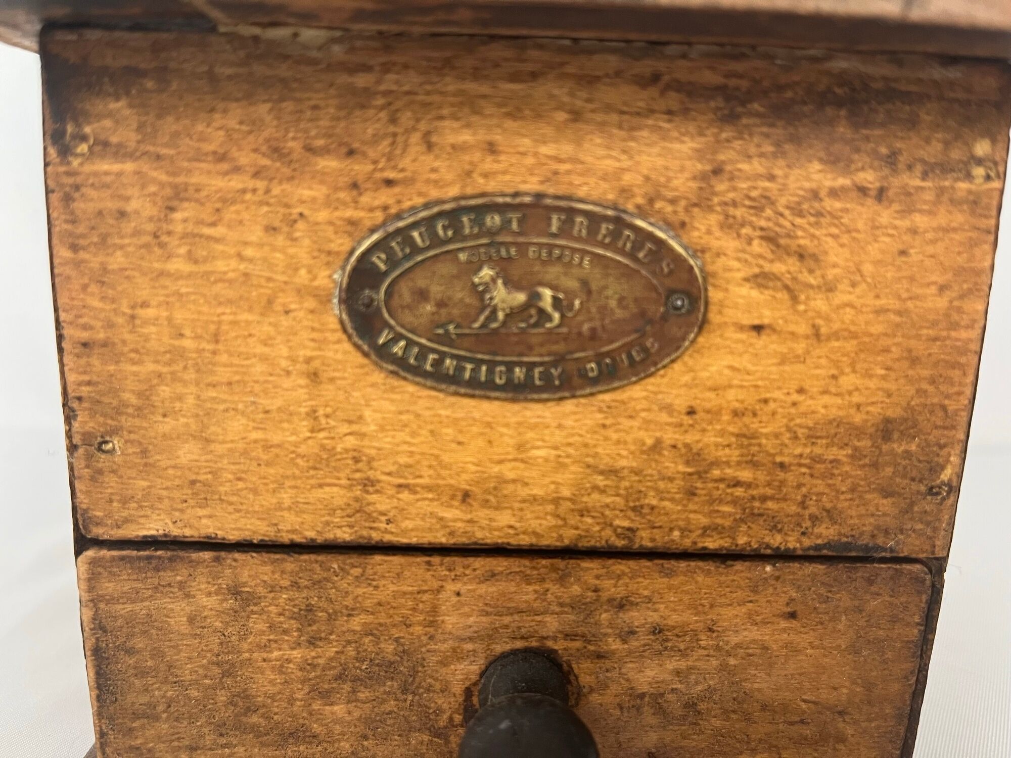 Wood and metal coffee grinder Peugeot Frères circa 1900