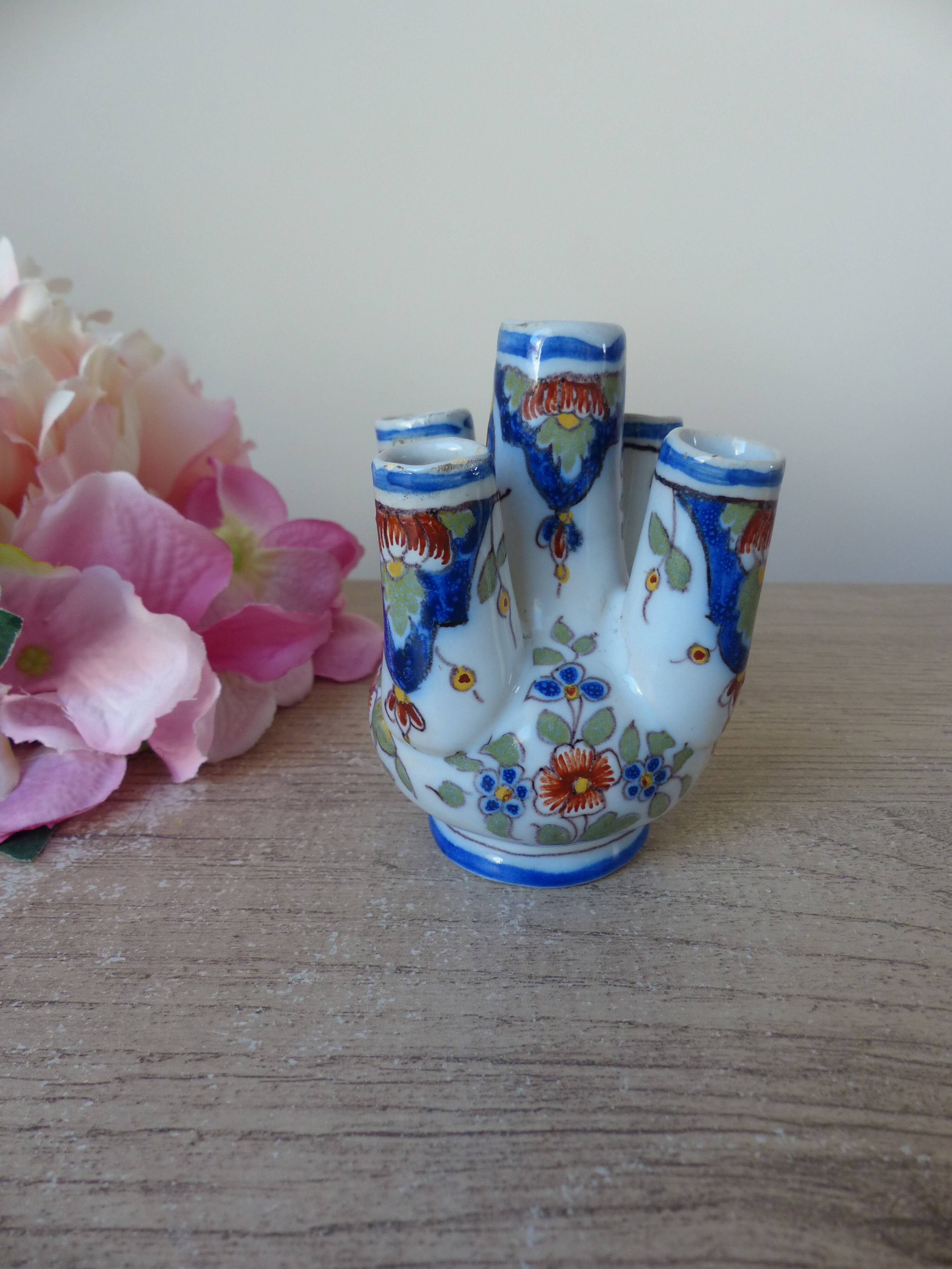 Old small flower vase, Rouen earthenware, hand-painted, miniature vase