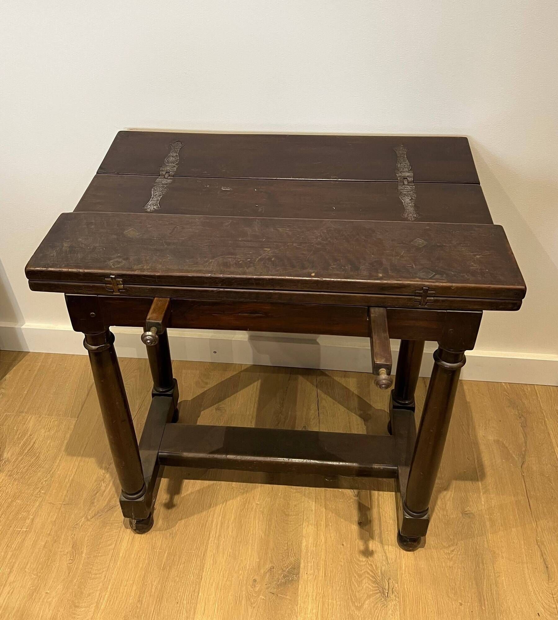 Portuguese Table with Folding Top in Walnut with Detached Columns and Stretcher