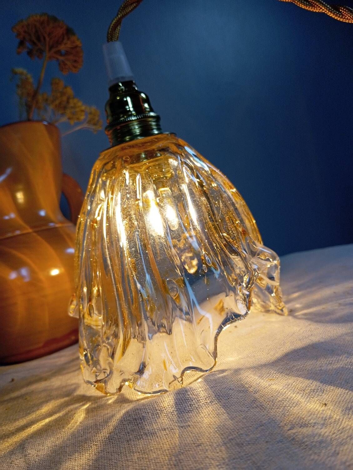 Hanging pendant light thick transparent draped and amber glass, vintage