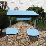 Blue formica table and two stools