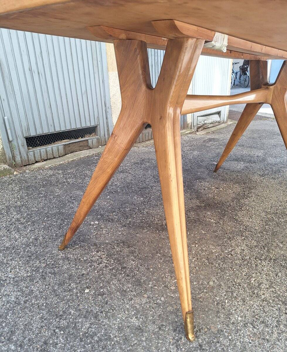 Dining Table Wooden Base, Brass Finishes, Wooden and Blue Glass Top, 1950s