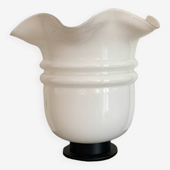 Lampe de table à poser globe tulipe XL vintage en verre blanc et socle noir