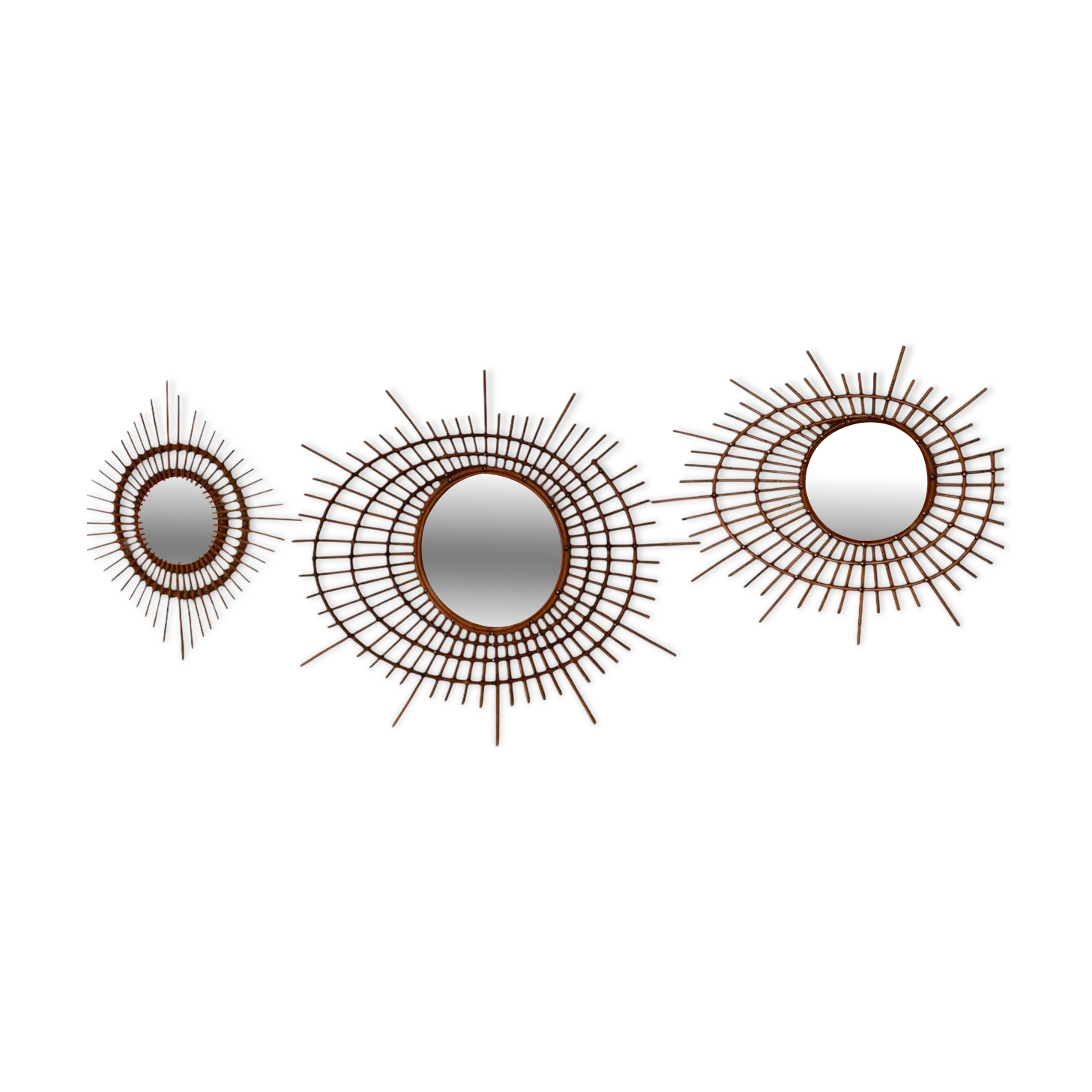 Set of 3 Rattan and Bamboo Mirrors, 1950s/60s
