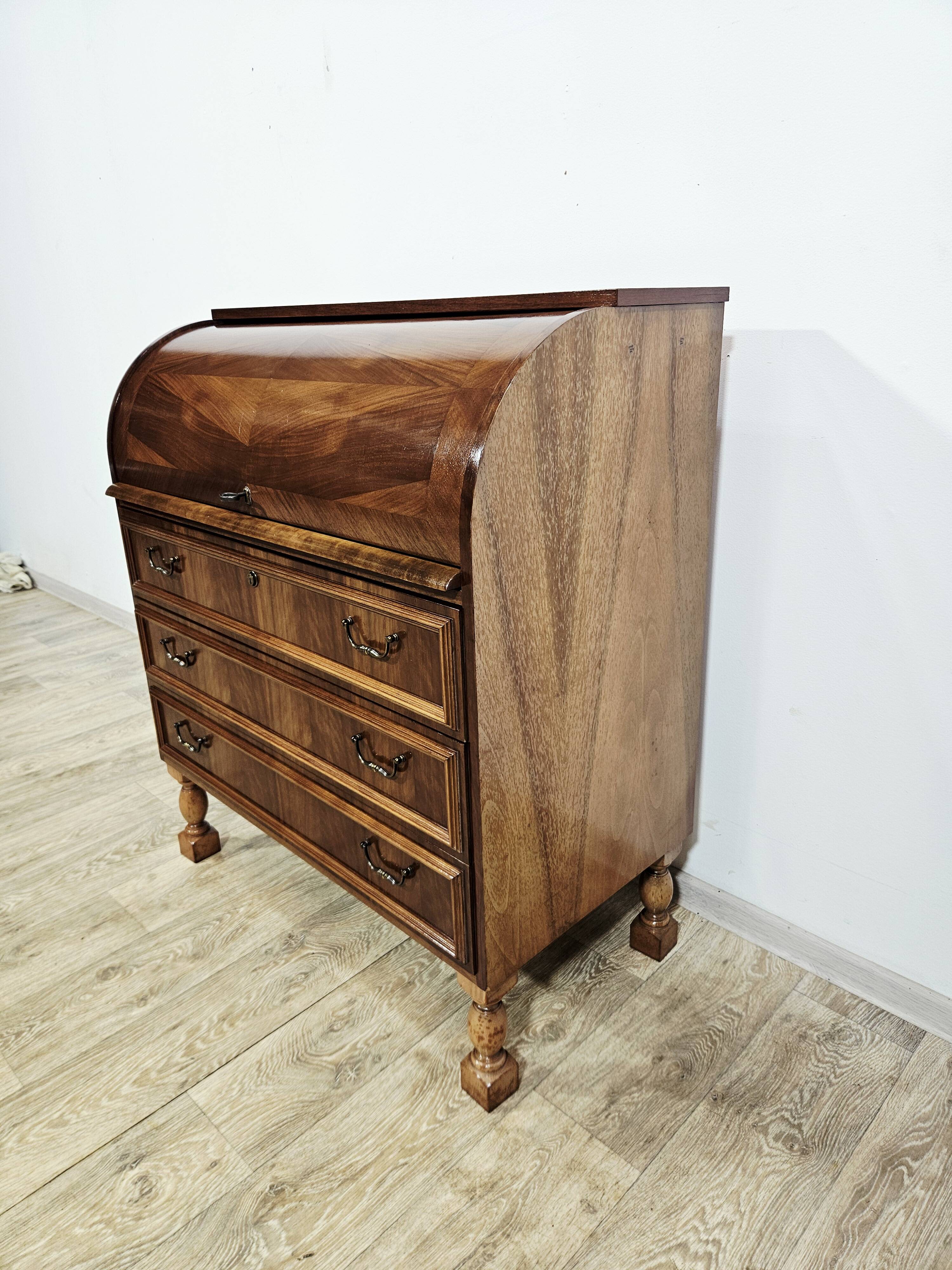 Walnut cylinder-roll-top secretary desk, 1970s.