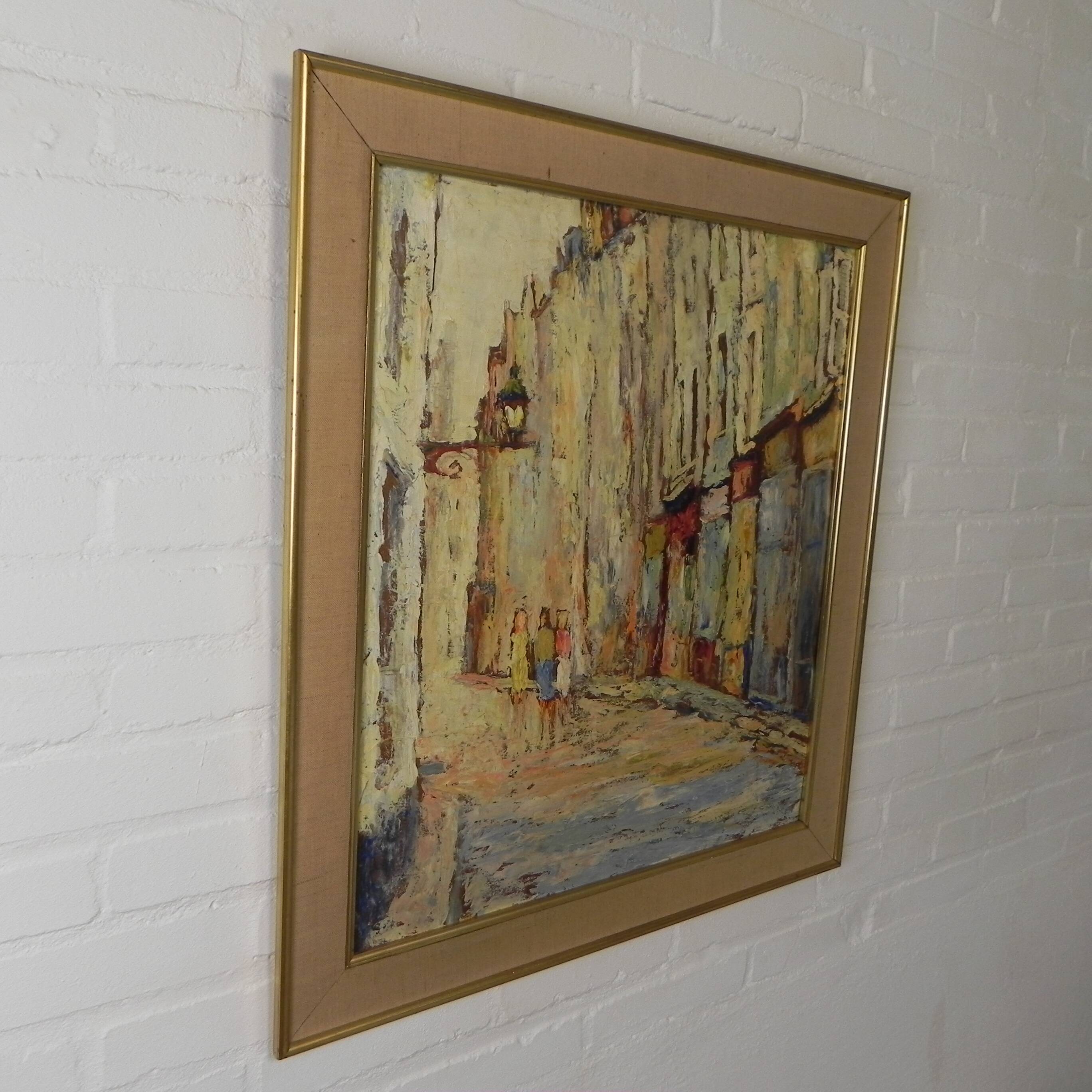 Painting of a street in (probably) Paris, 1950s