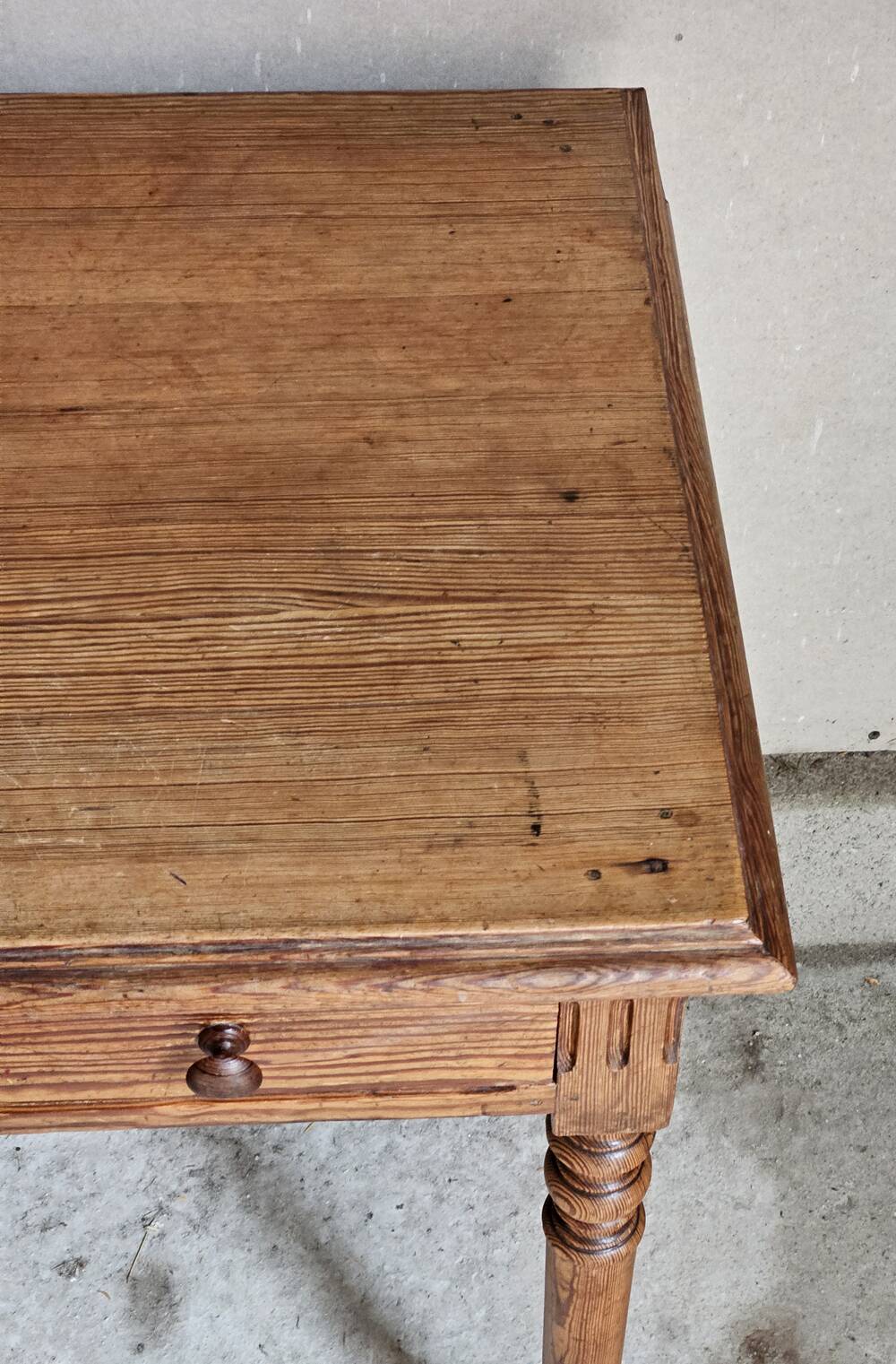 Desk, pine table, turned wooden legs, vintage, 70s