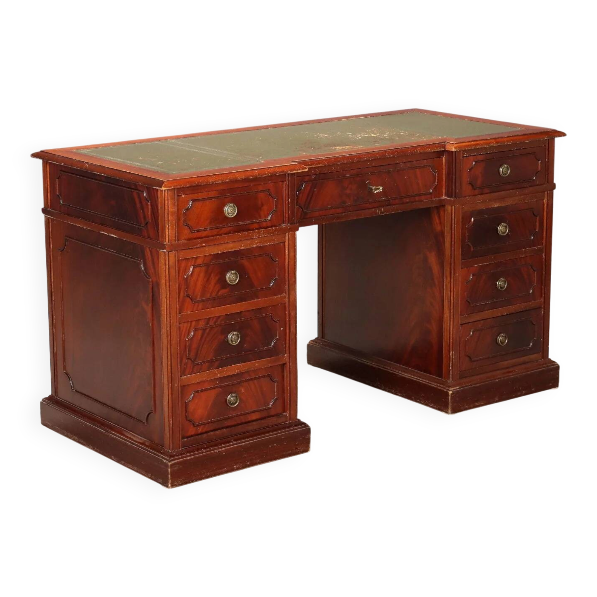 Antique mahogany desk with leather and bronze writing pad, 20th century.