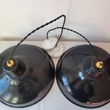 Duo of white and black enameled sheet metal pendants