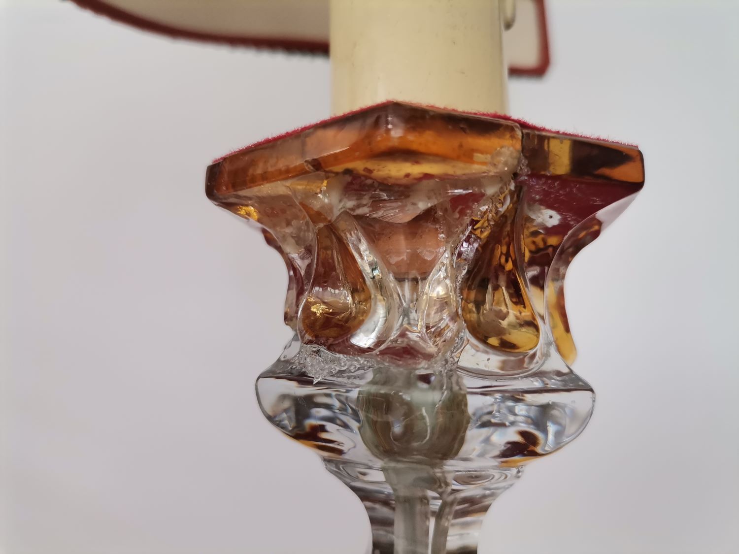 French Art Nouveau Crystal Red Silk Half Shade Table Lamp, 1940s