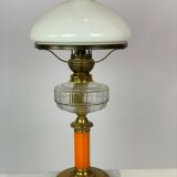 Kerosene lamp of brass with white opaline glass shade and orange glass stem, 1860s