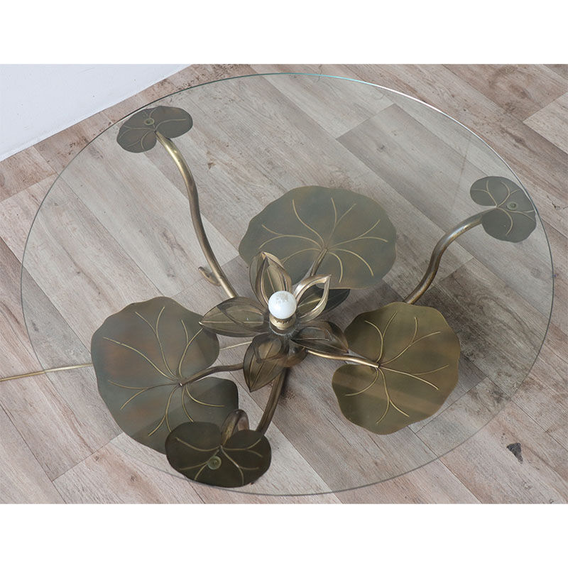 Illuminated vintage coffee table decorated with brass water lilies 1970