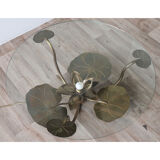 Illuminated vintage coffee table decorated with brass water lilies 1970