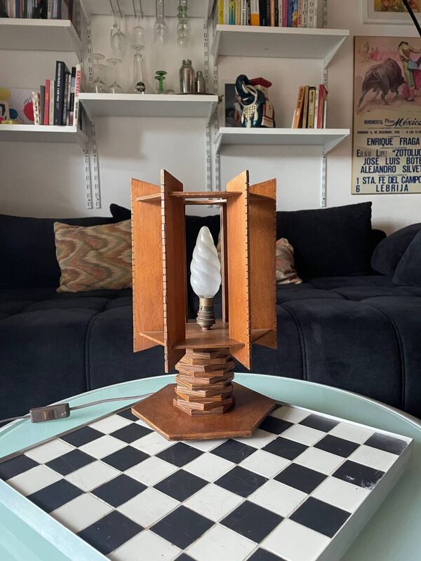 Lampe moderniste en bois - création d'ébénisterie artisanale années 70