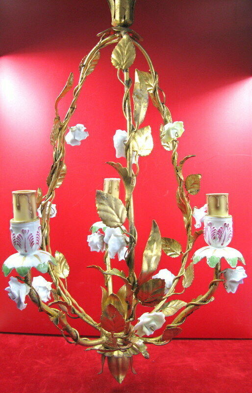 Golden cage iron chandelier 3 leafy arms of light adorned with porcelain flowers