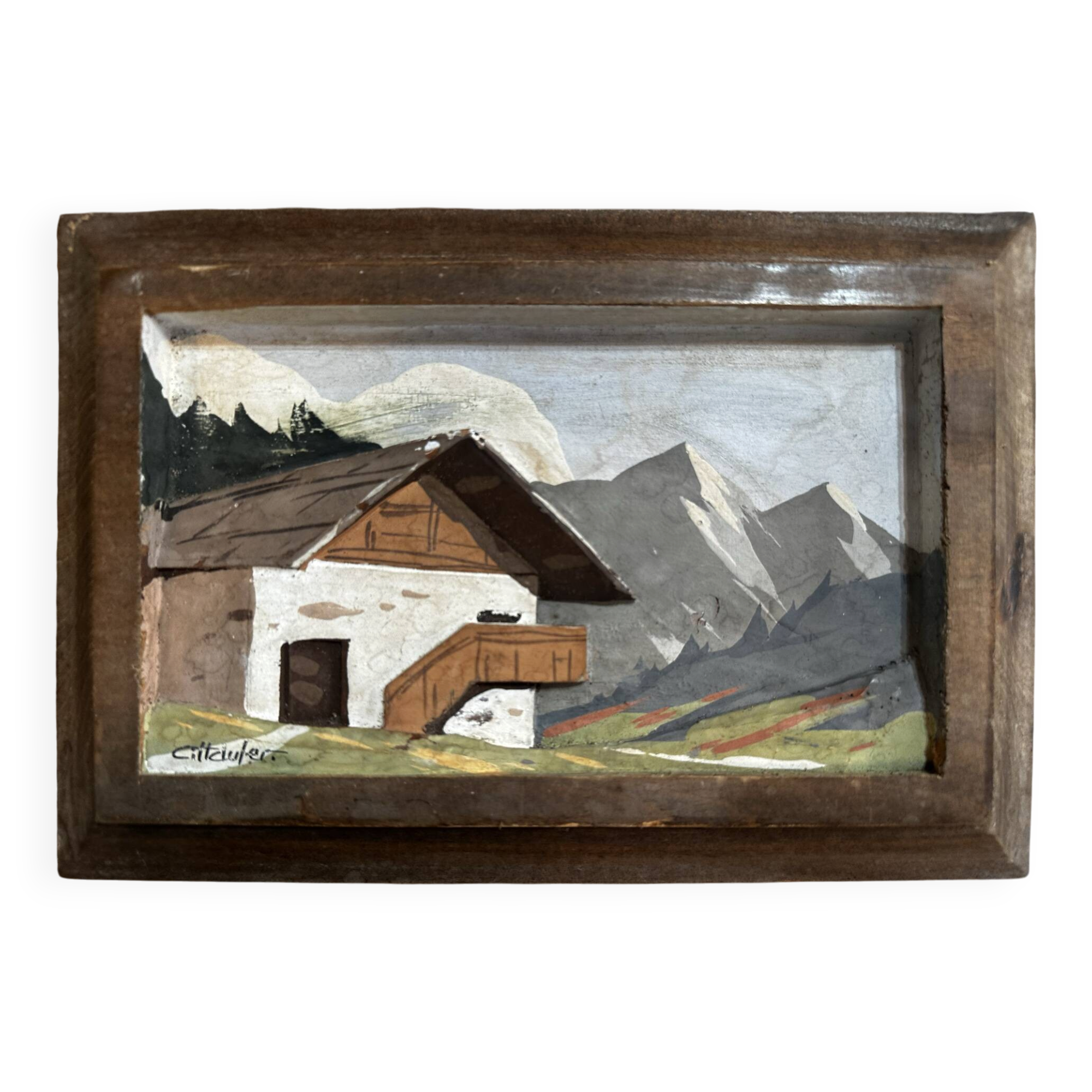 Vintage Carved and Painted Wooden Alpine Plaque 15 / 22 cm