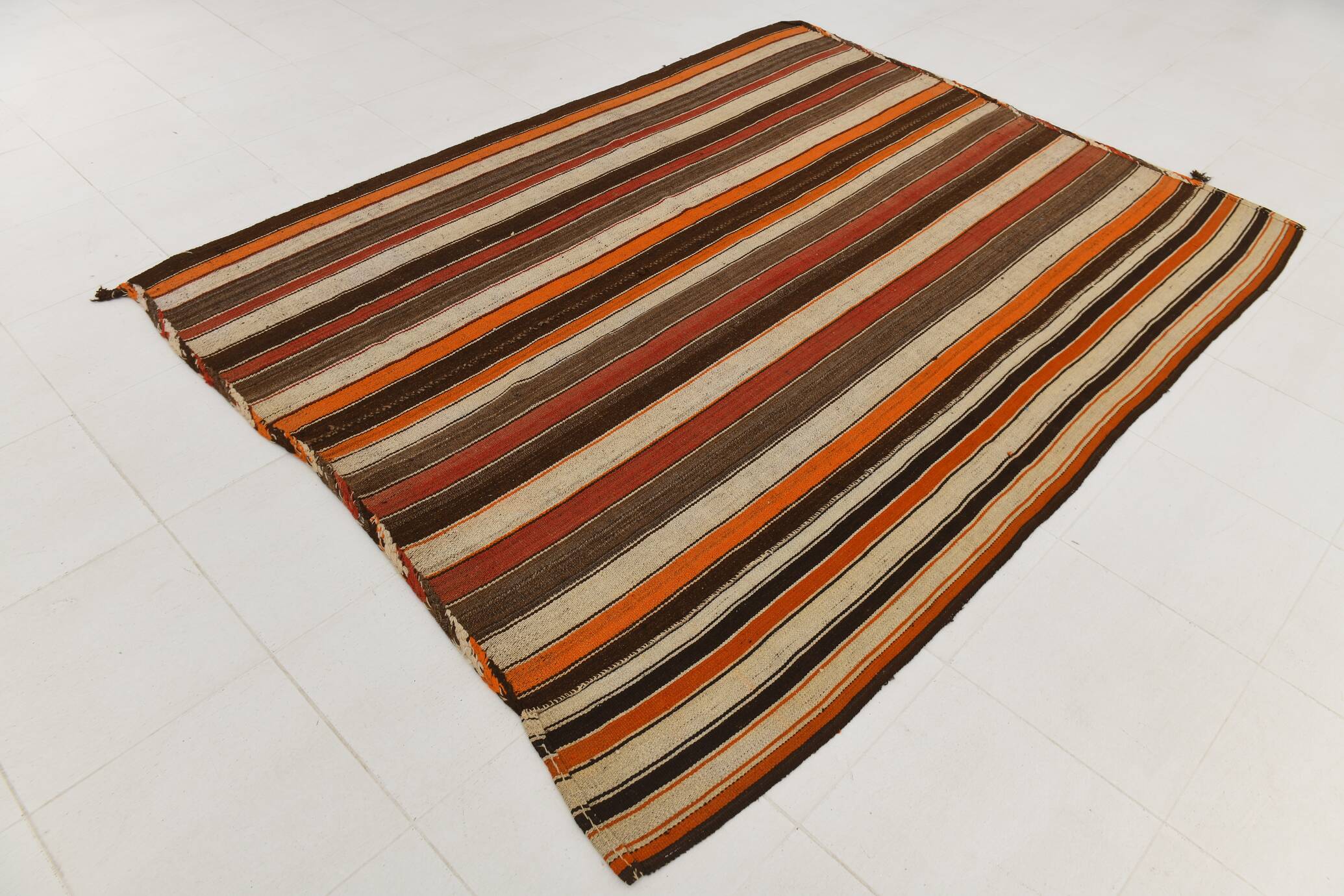 6x8 Brown Red Striped Vintage Kilim Rug, 195x259Cm
