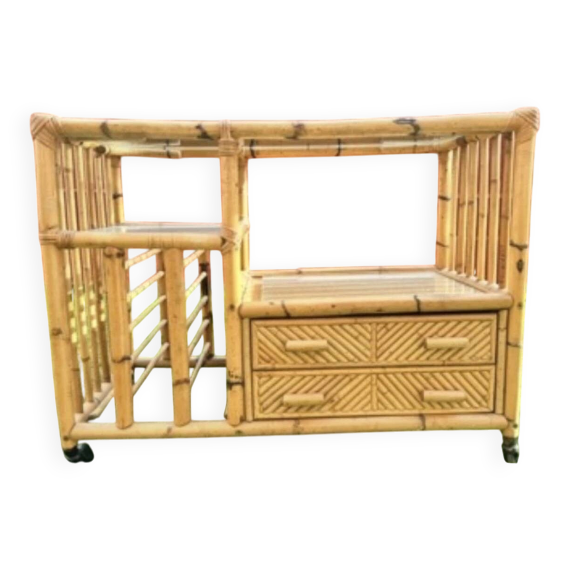 Auxiliary bar cabinet in natural bamboo with glass top - 1960s