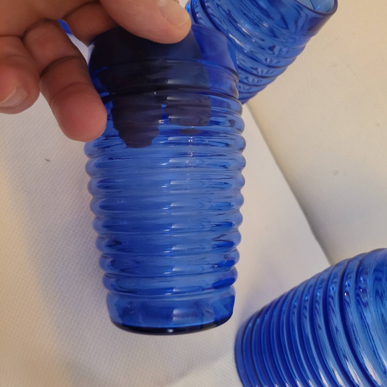 4 cobalt blue glasses – industrial moulded glass – 1970s