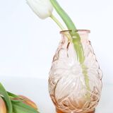 Old pink glass vase, molded glass, vintage French