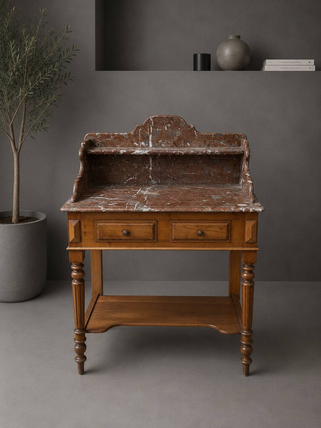 Ancienne console de toilette en merisier avec marbre