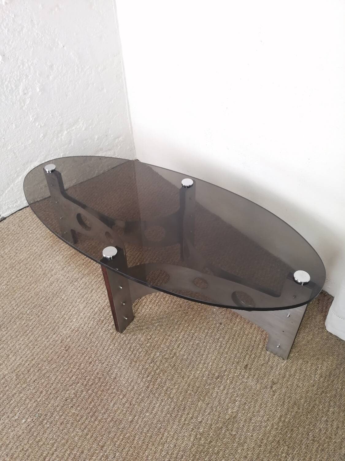 Vintage design coffee table in brushed aluminum and glass top.