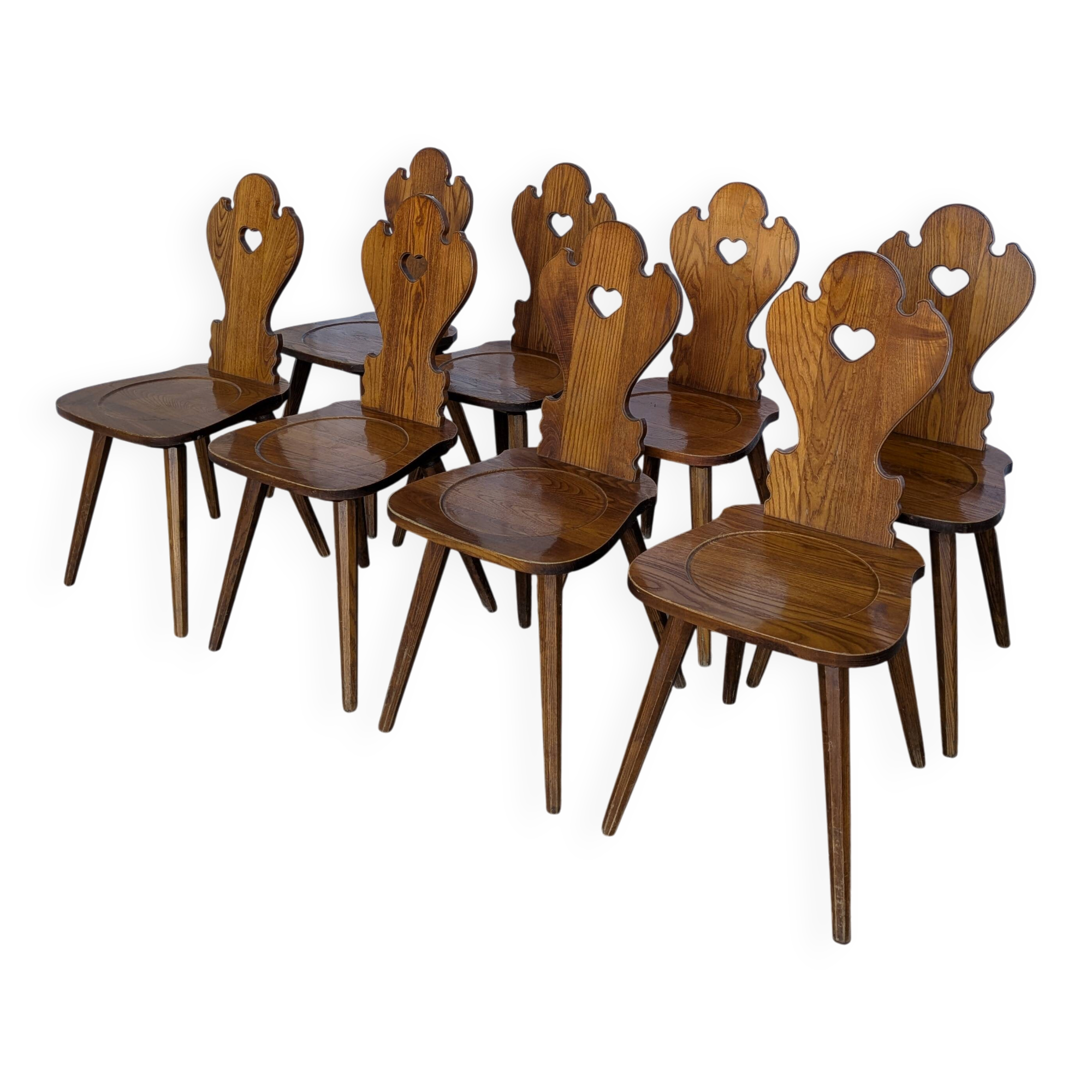 Set of 8 Farmhouse Tyrolean Chair with Heart Cutout Back / 1970s Vintage Di