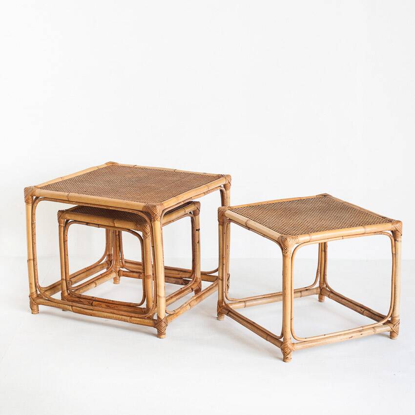 Set of three vintage nesting tables in cane. France, 1960s