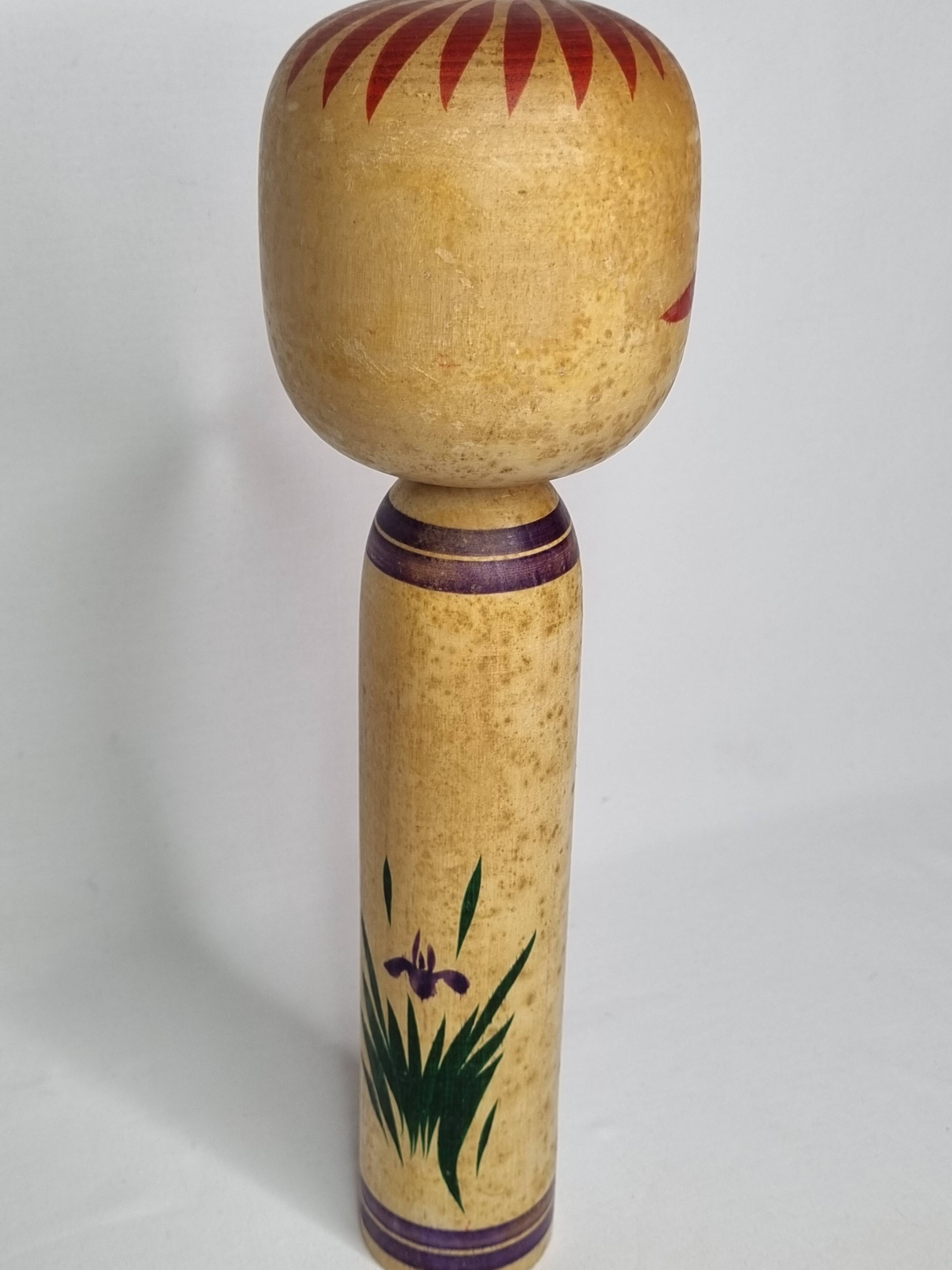 Vintage Japanese Kokeshi doll dated 1986, signed and numbered, floral decoration, 34 cm