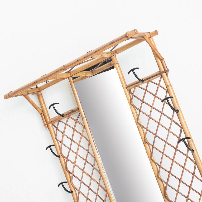 Vintage hall coat rack with mirror. Cane and metal. France, 1960s