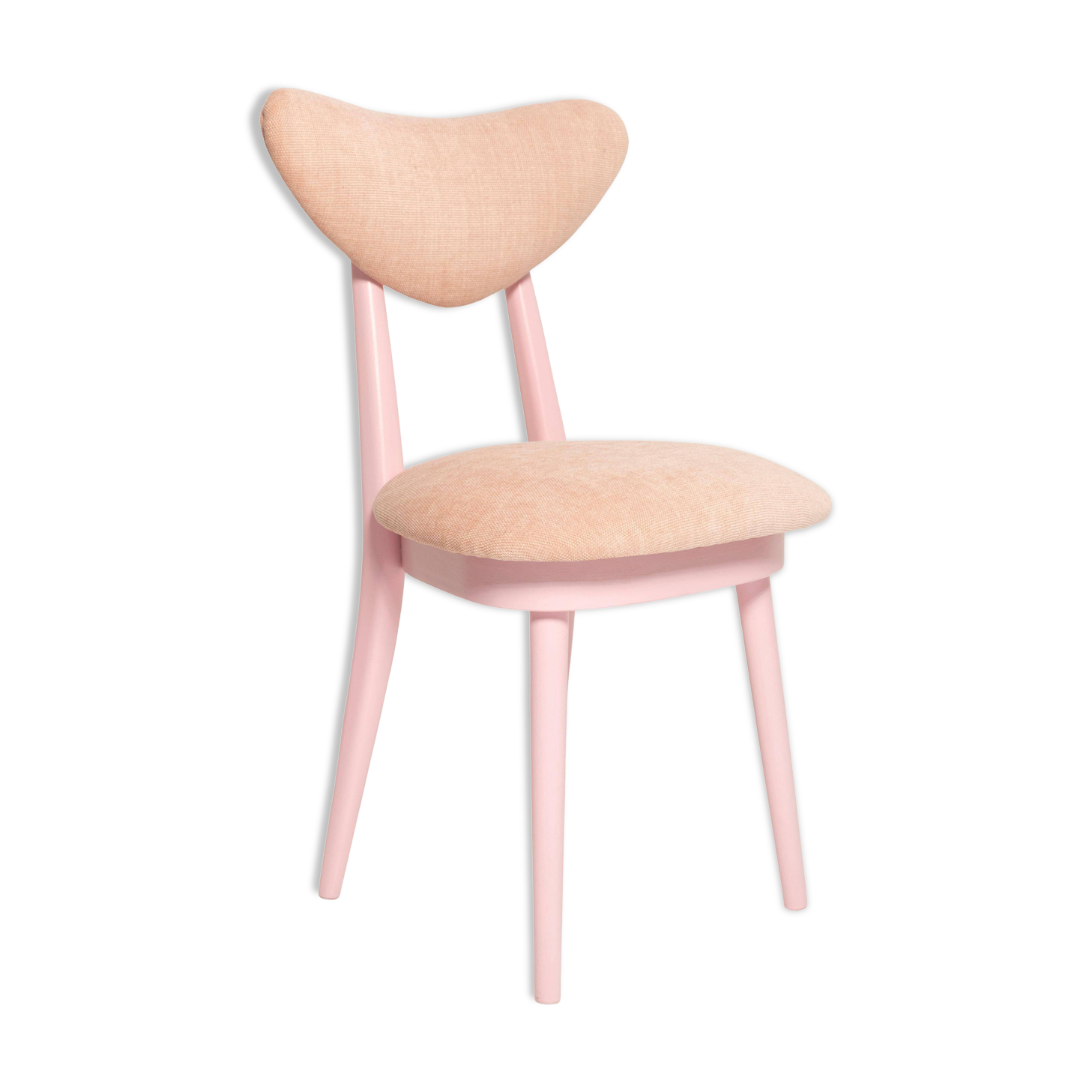 Mid-century heart-shaped chair, light pink chenille fabric, painted pink wood, Europe, 1960s.