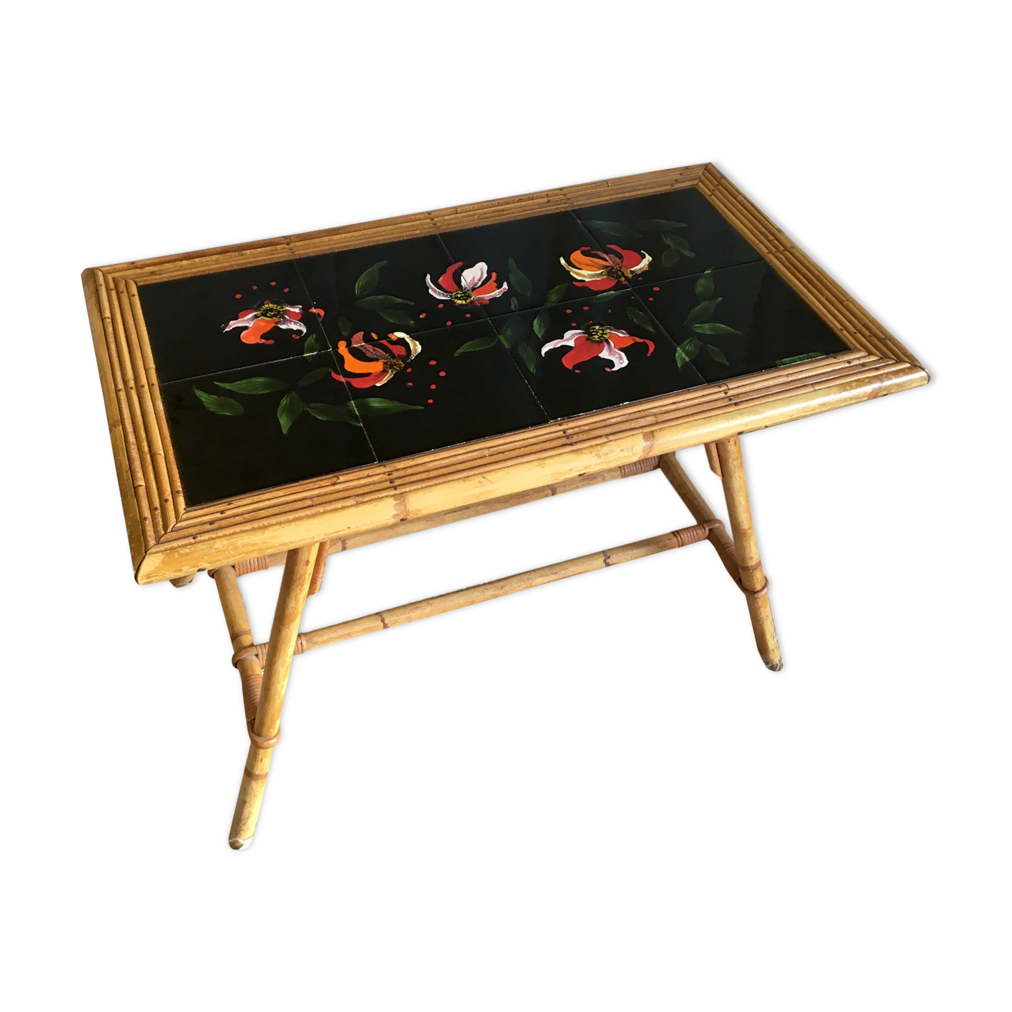 Vallauris rattan coffee table and earthenware - 1950s