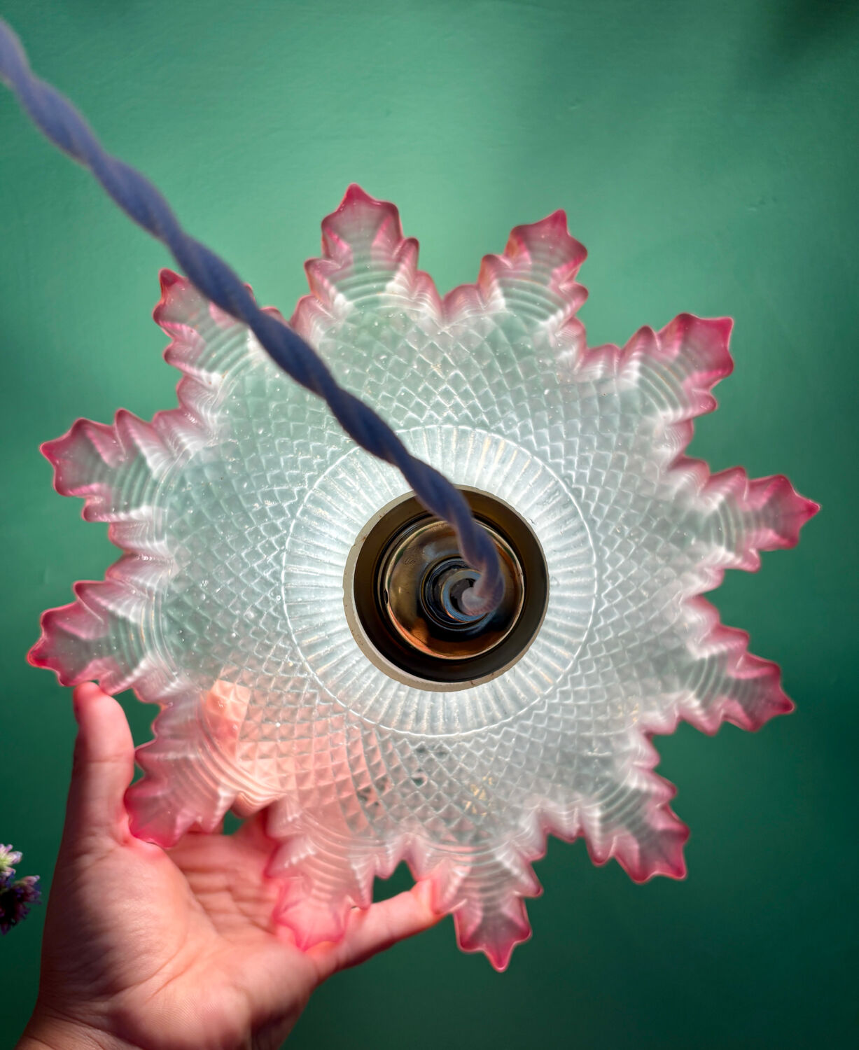 Vintage frosted glass pendant lampshade, half pink, half transparent
