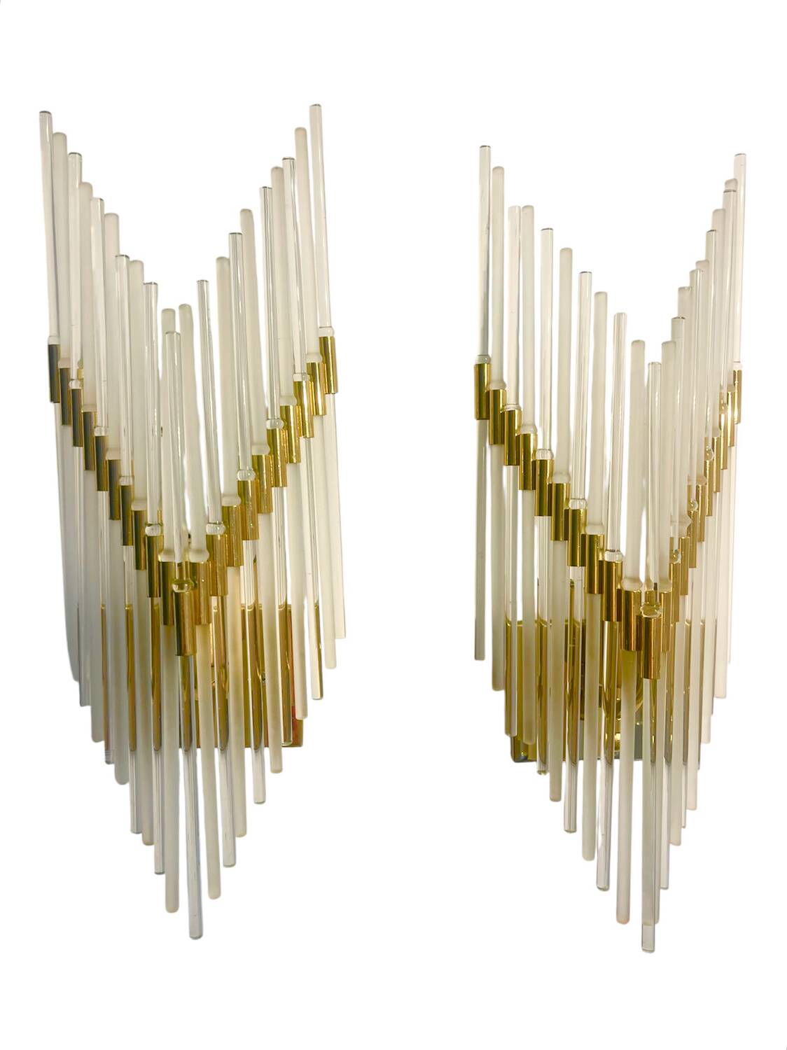 Pair of Murano glass wall lamps with gilded structure, Sciolari, Italy 1970