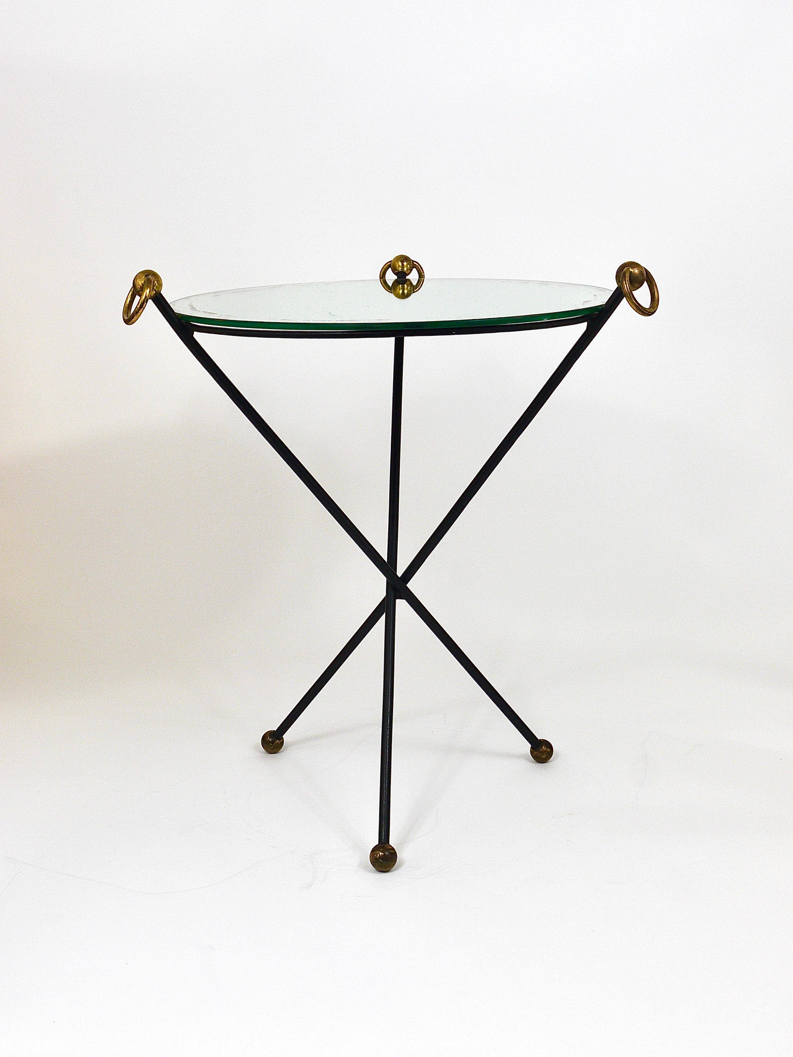 French mid-century mirror side table, Jacques Adnet style, brass, 1950s.