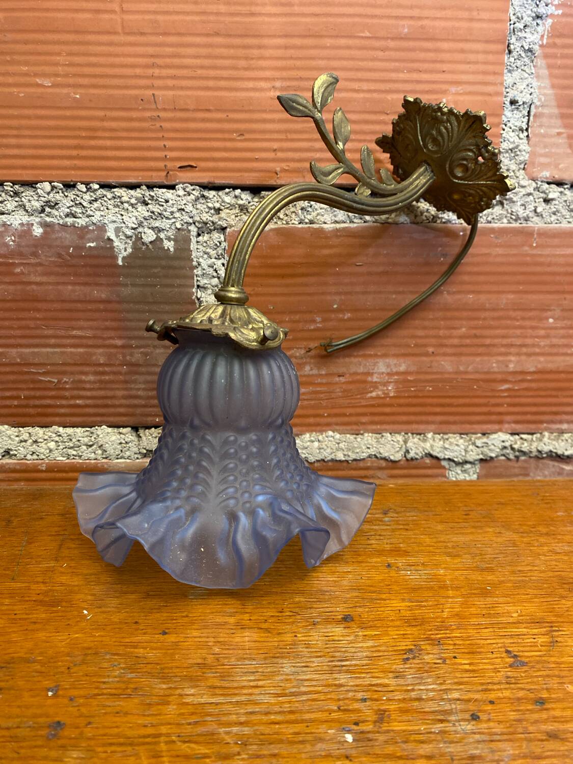 Antique art nouveau gilt bronze wall lamp + vintage blue glass tulip
