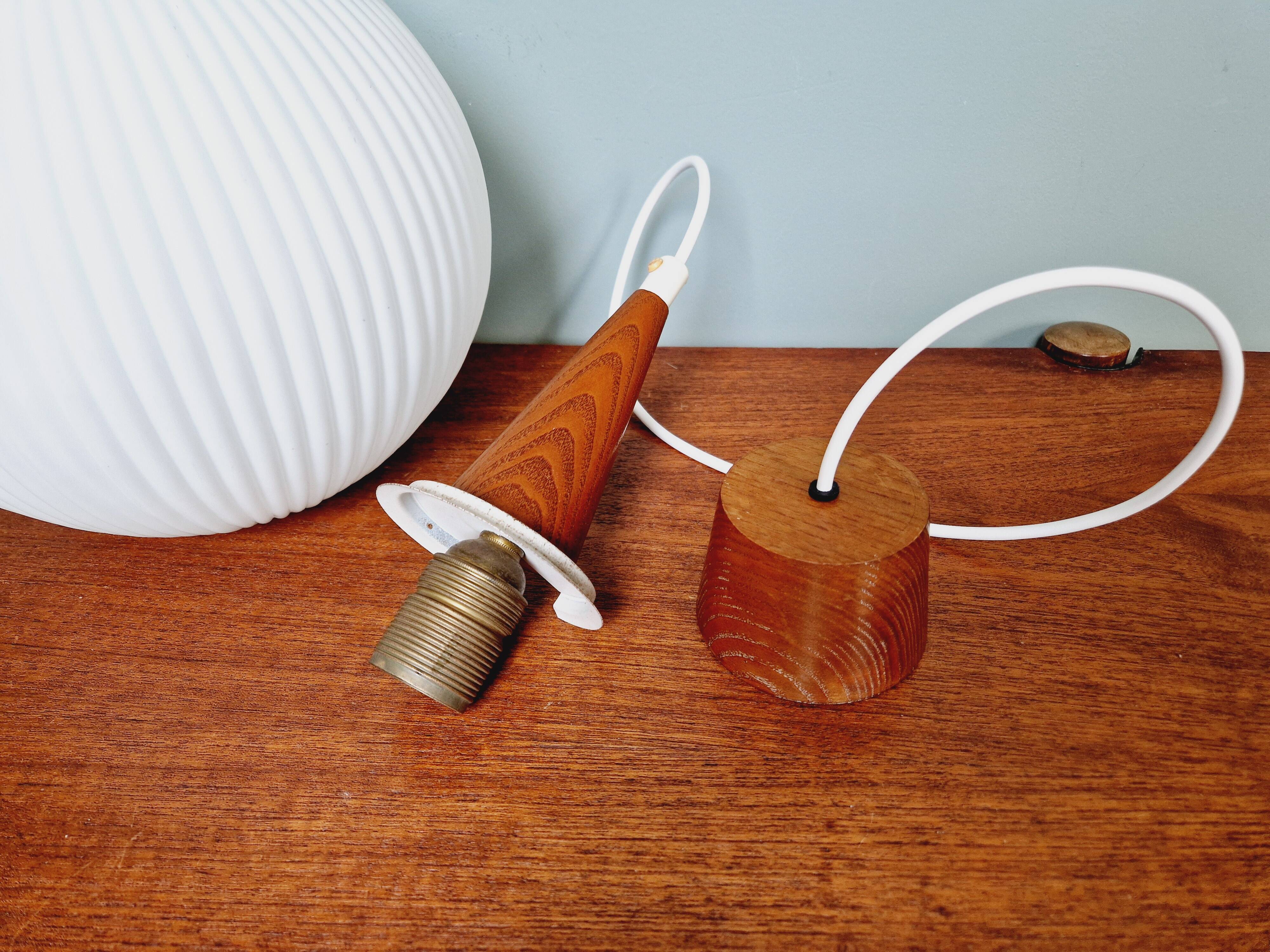 Scandinavian teak and white satin glass pendant light, 1960s