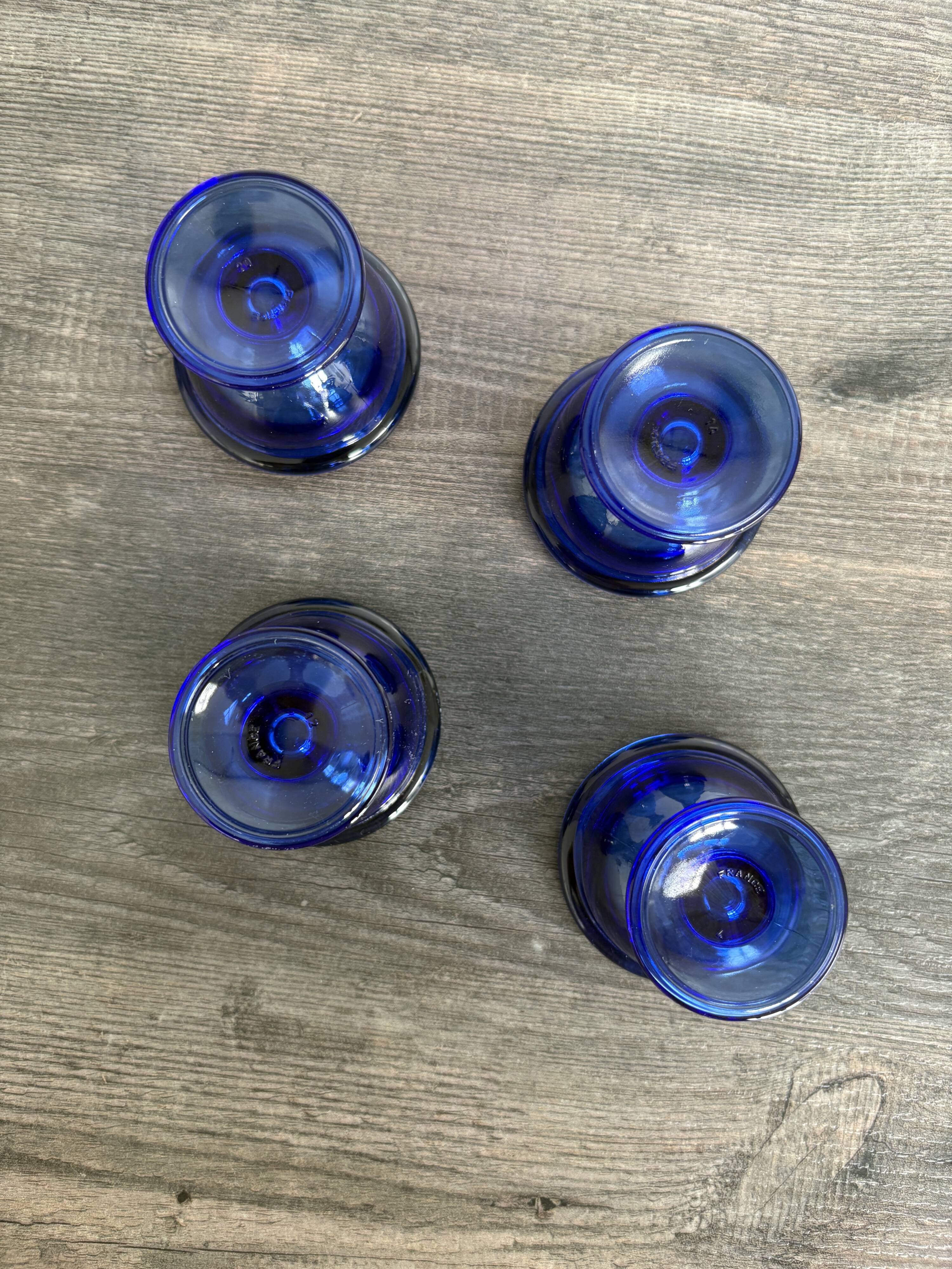 Coquetiers vintage en verre bleu cobalt, France