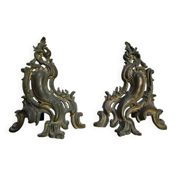 Pair of antique French bronze andirons, Louis XV style, circa 1880–1900.