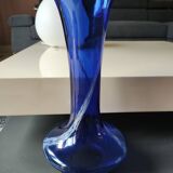 Long flared neck ball vase. Smoked scrolls in cobalt blue art glass, 30cm