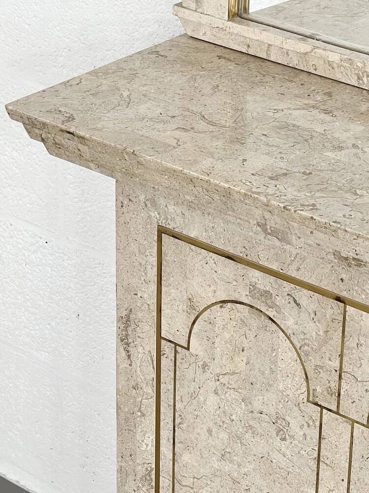 Ensemble console et miroir des années 80 en marqueterie de pierre et laiton
