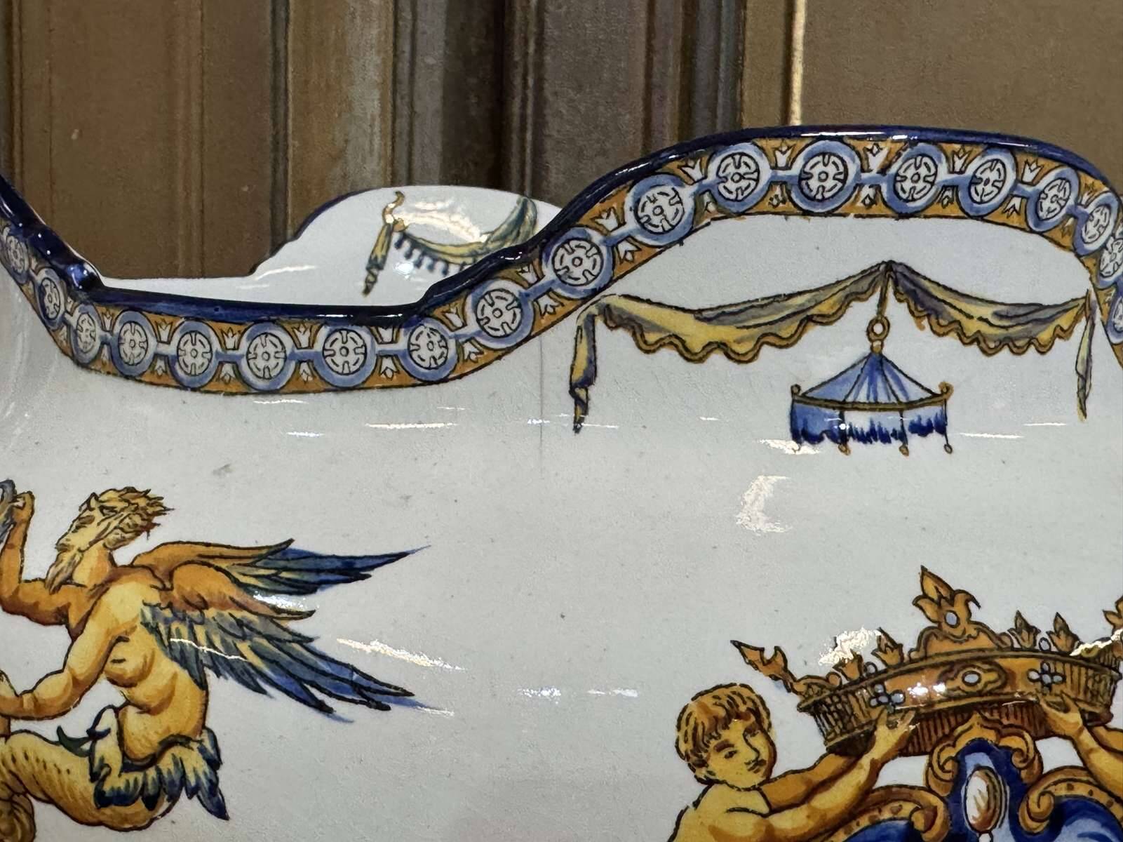 Gien earthenware cache pot from the late 19th century with Renaissance decoration.
