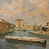 Italian signed landscape painting view of river with boats