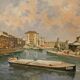 Italian signed landscape painting view of river with boats