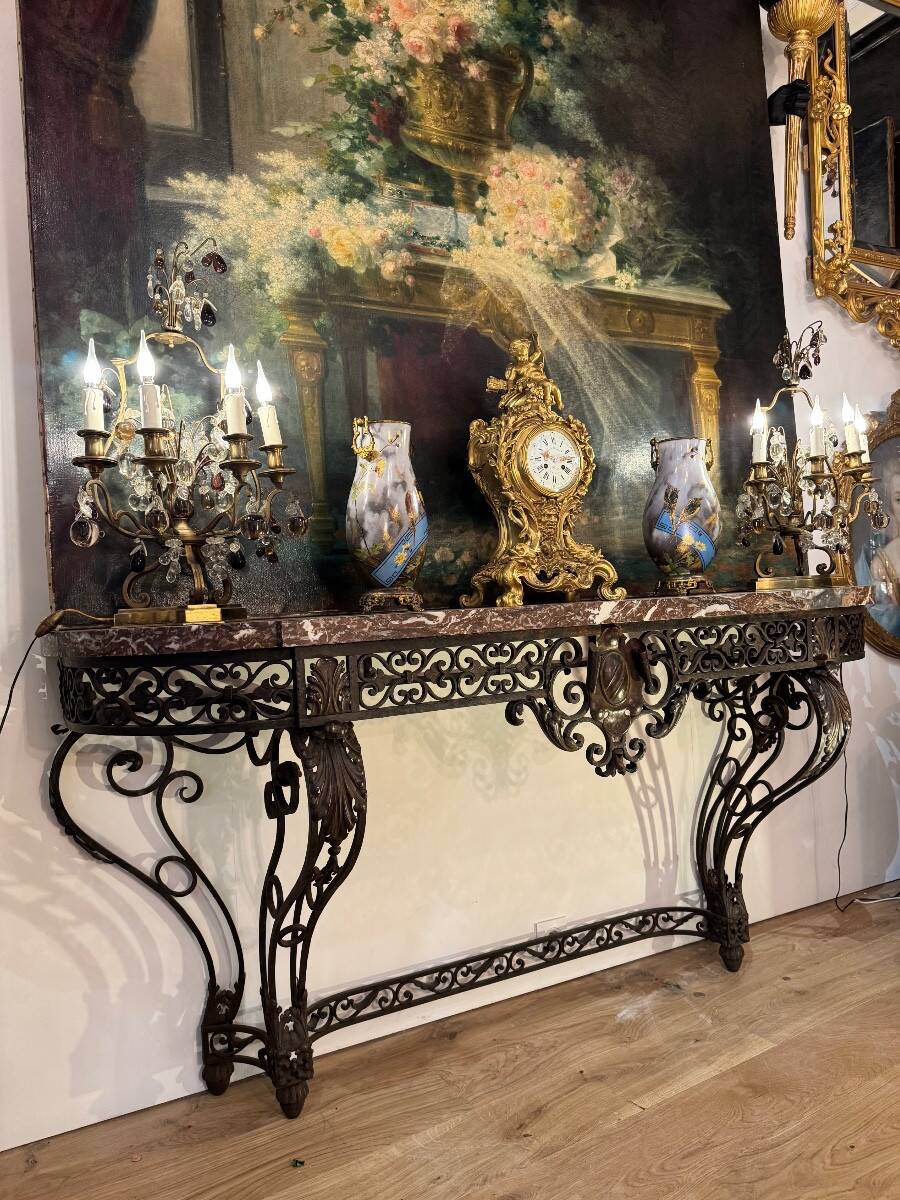 Console en fer forgé d’époque Napoléon III dessus de marbre rouge de Rance