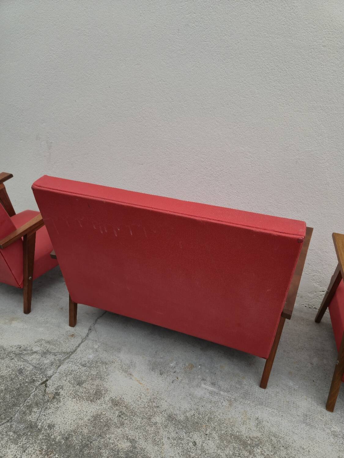 Vintage 1950s children's sofa and two armchairs with compass feet