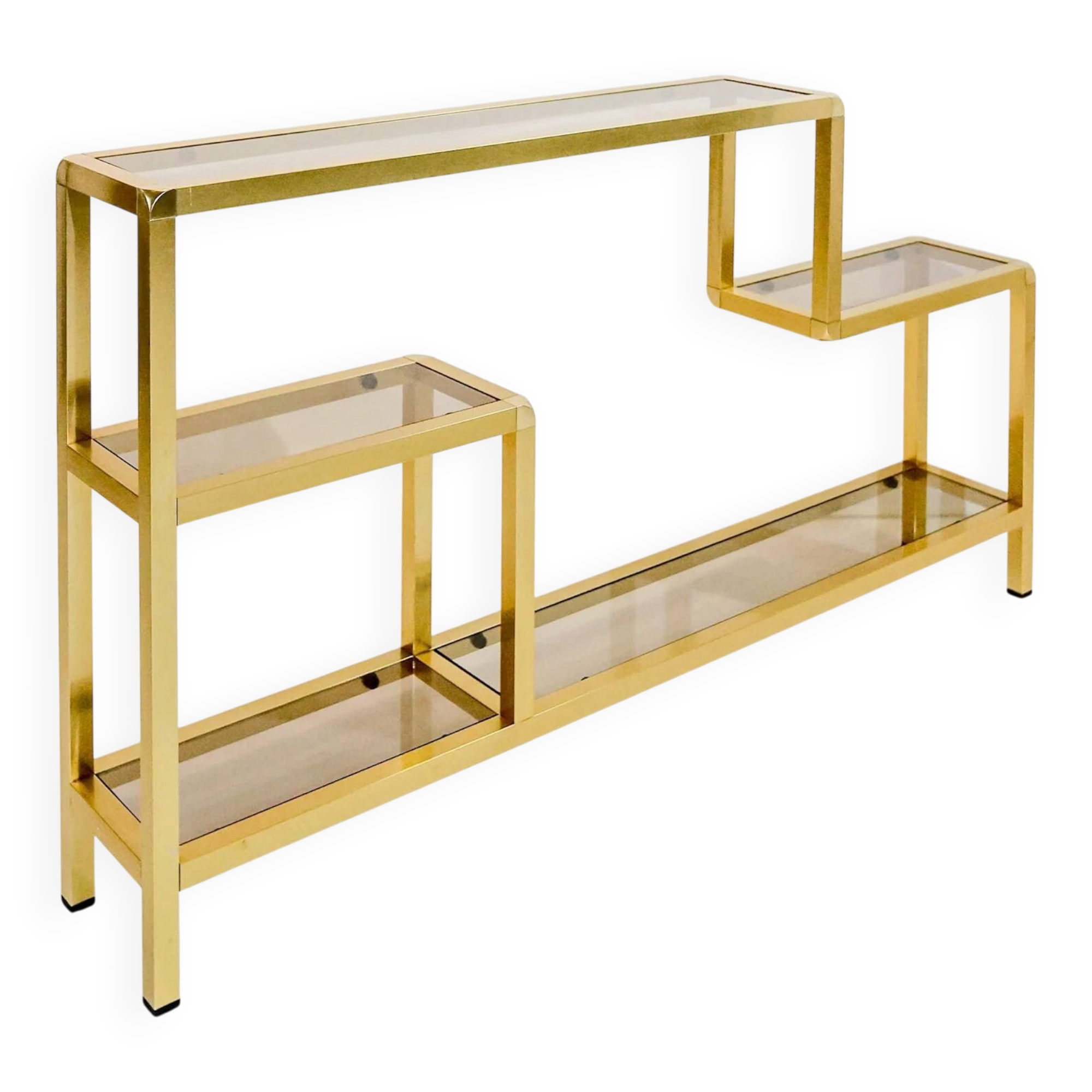 Vintage shelves in brass and smoked glass.