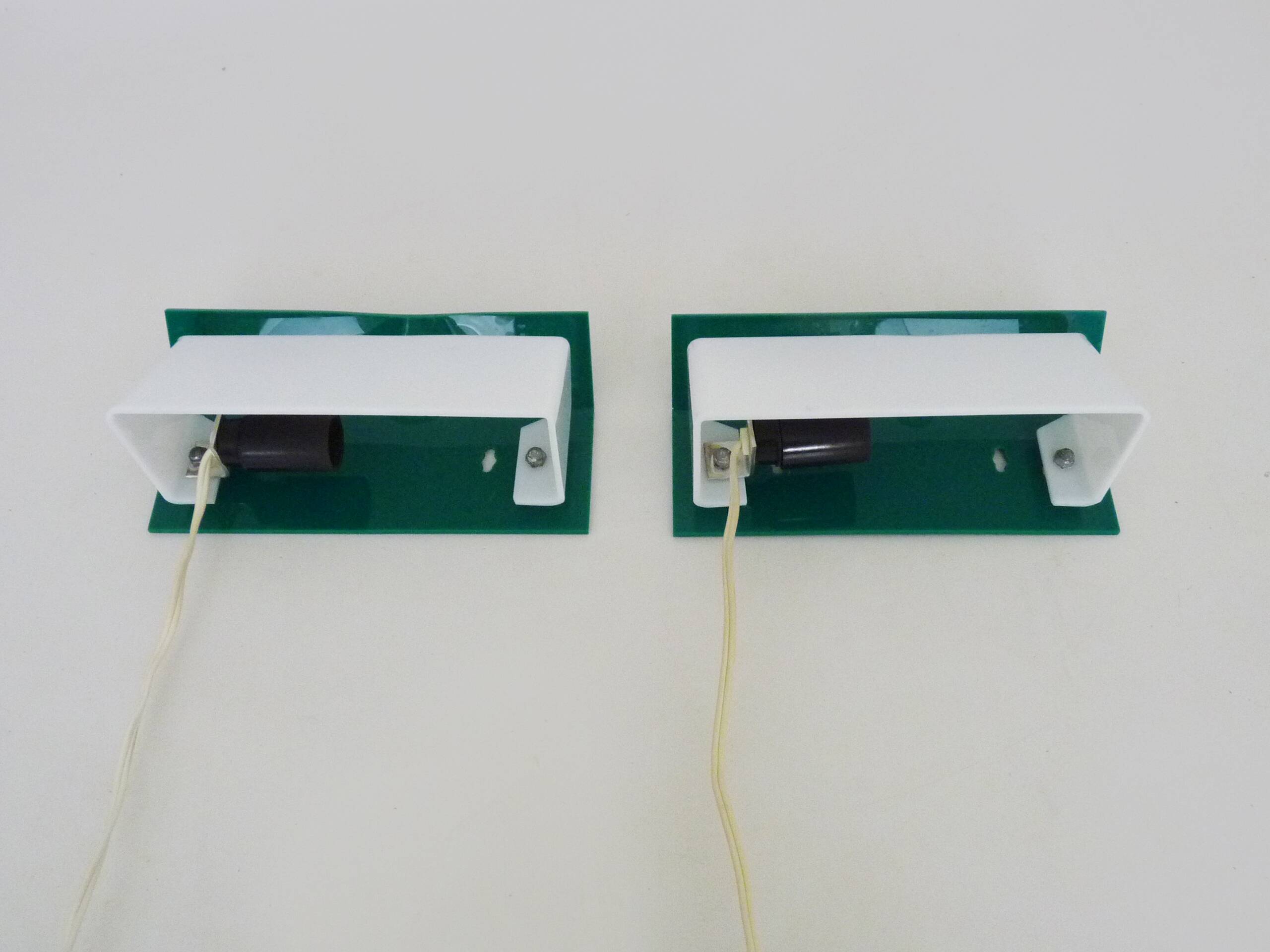 Pair of wall sconces with Scandinavian green and white shutters. 1980s.