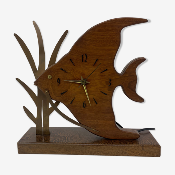 Vintage Nufa clock teak fish shaped with brass details , 1960’s