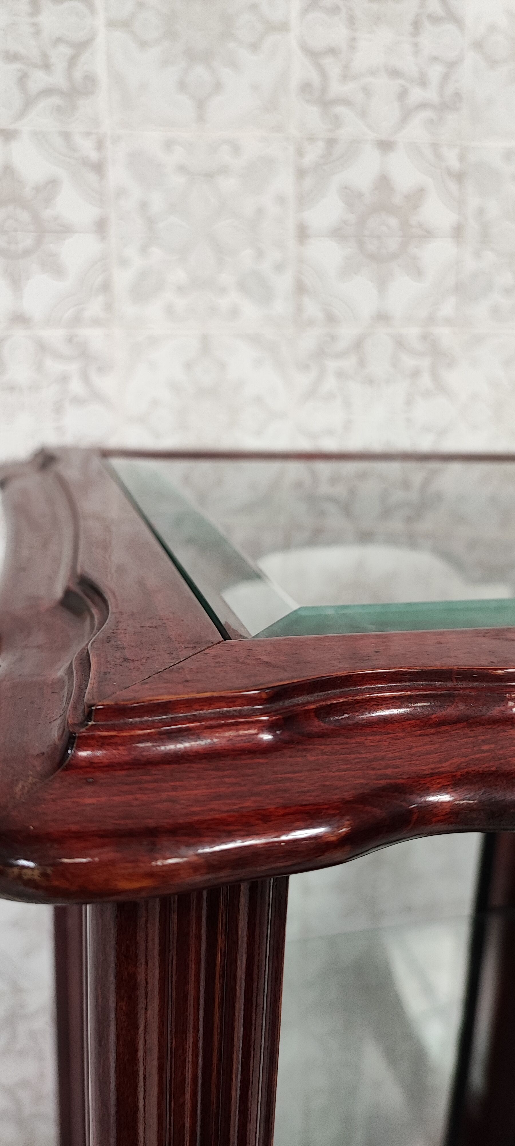 Showcase low glass beveled exotic wood